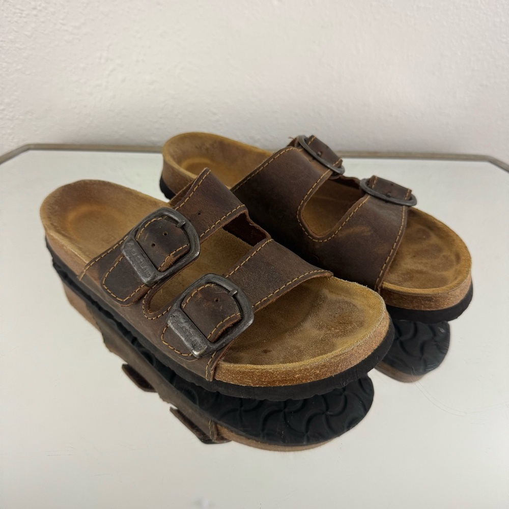EASTLAND Vintage 90s Womens Brown Leather Dual Strap Buckle Slip On Sandals